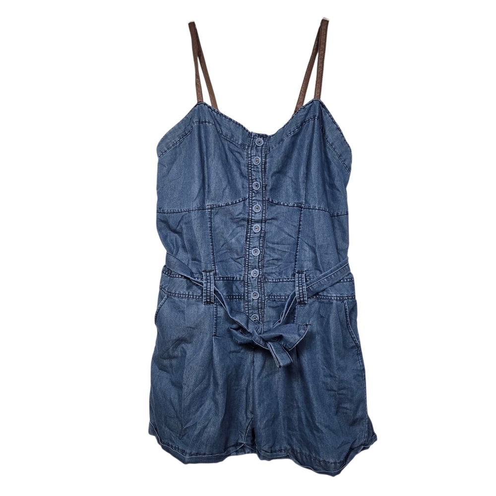 Ashley Stewart Chambray Faux Leather Romper Blue Brown Sleeveless 1X Plus Size